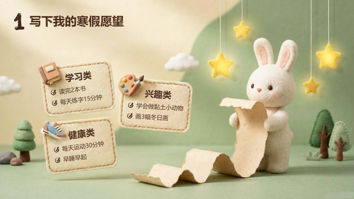 毛毡可爱童趣寒假安排班会事情清单PPT单页