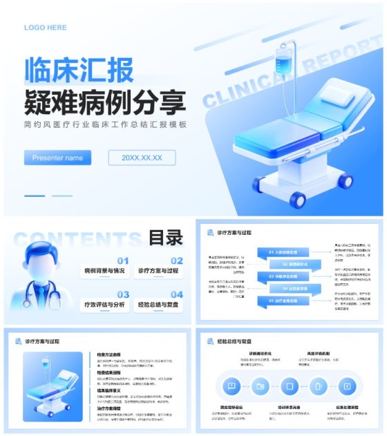 蓝白色3D风医疗行业临床工作总结汇报PPT模板