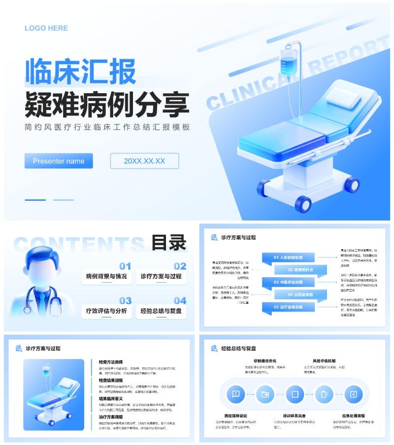 蓝白色3D风医疗行业临床工作总结汇报PPT模板