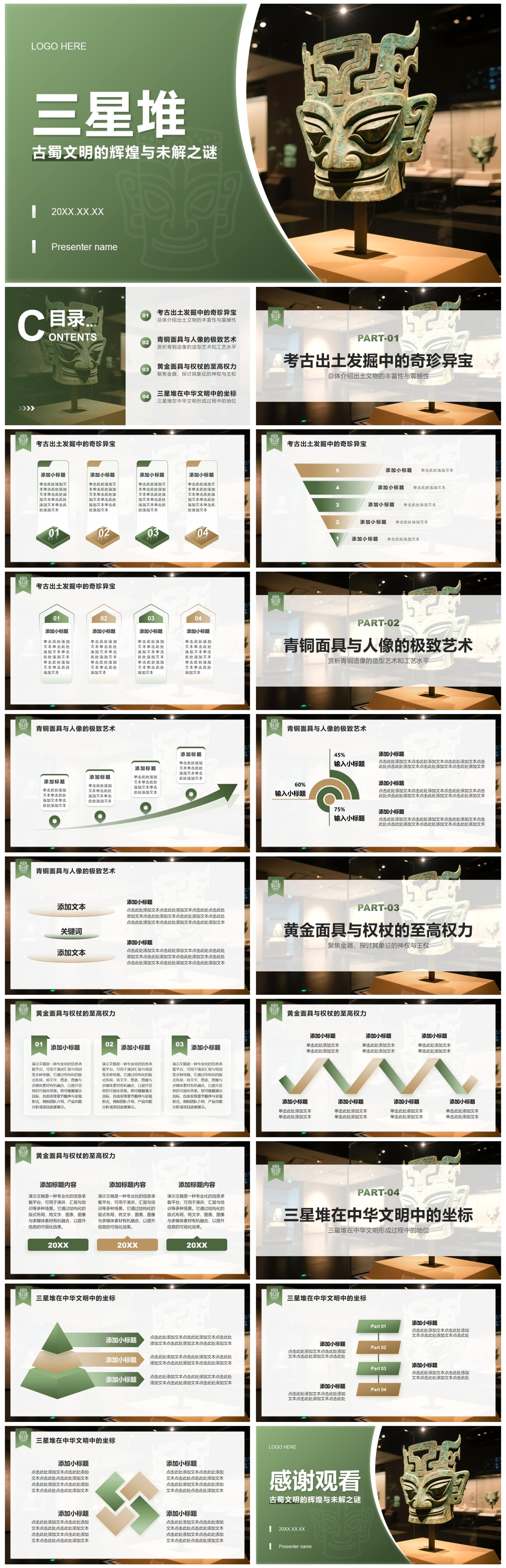 绿色商务风三星堆文化宣传研学旅游计划PPT模板