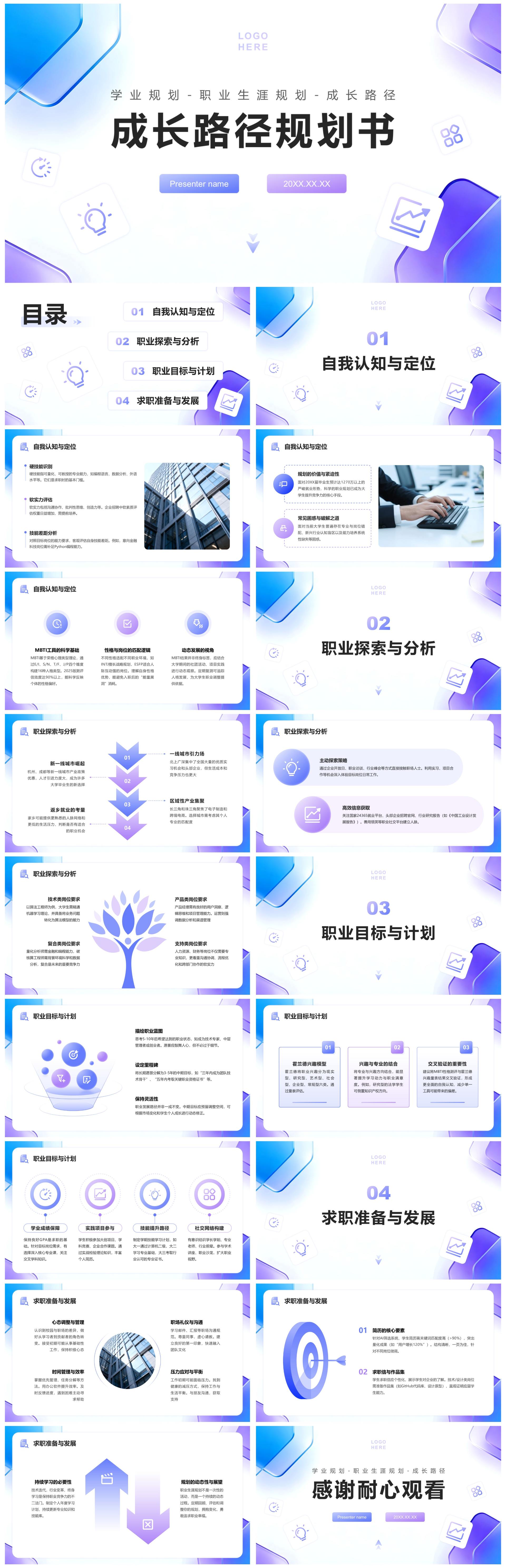 蓝紫渐变简约风大学生成长路径规划PPT模板