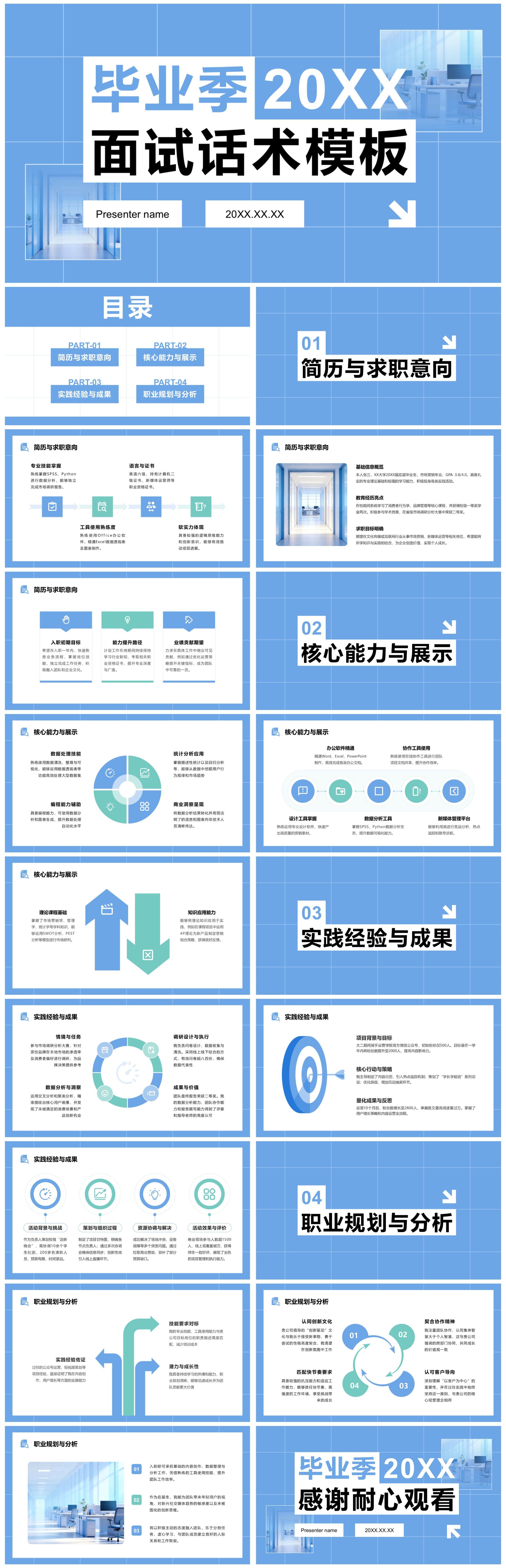 蓝色简约风毕业季春招面试话术通用PPT模板