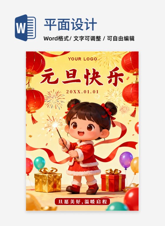 黄色卡通插画喜庆元旦节节日海报