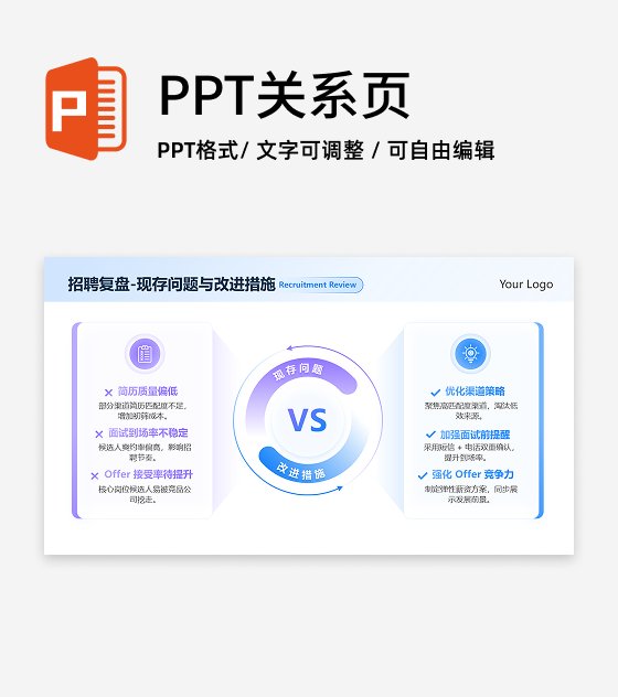 蓝紫色简约渐变招聘复盘问题与改进工作总结PPT单页