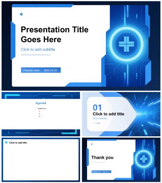 蓝色渐变科技风医疗行业病例汇报PPT主题模板