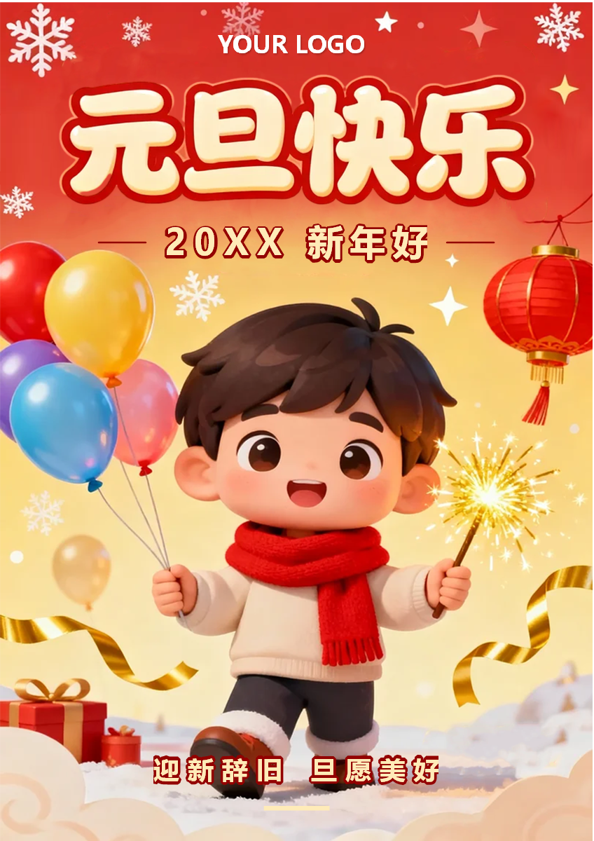 橙红色喜庆手绘插画风元旦节祝福海报