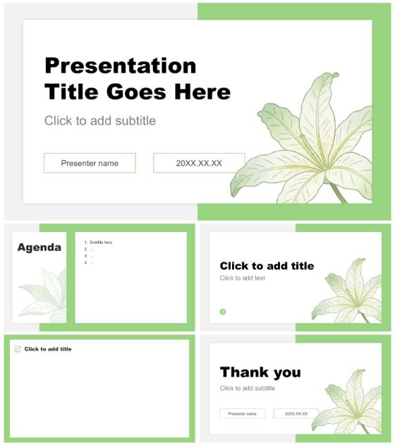 绿色花卉商务风季度复盘总结汇报PPT主题模板