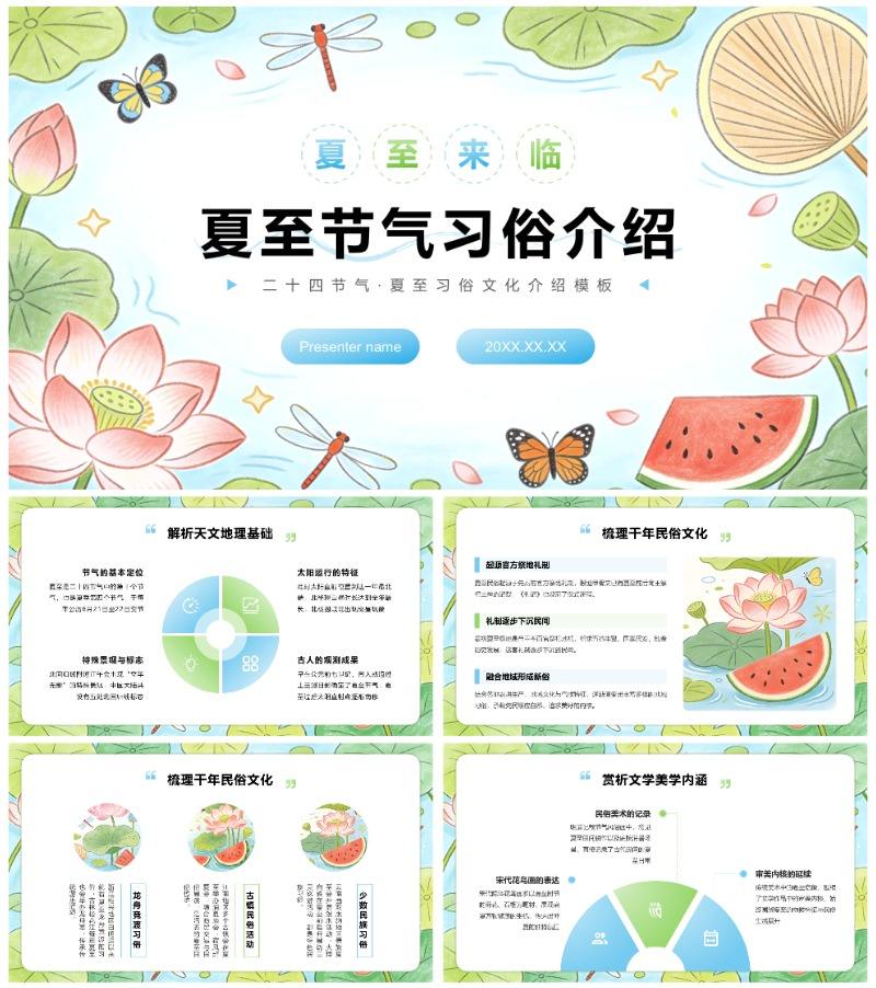 蓝绿小清新风二十四节气夏至习俗文化介绍PPT模板