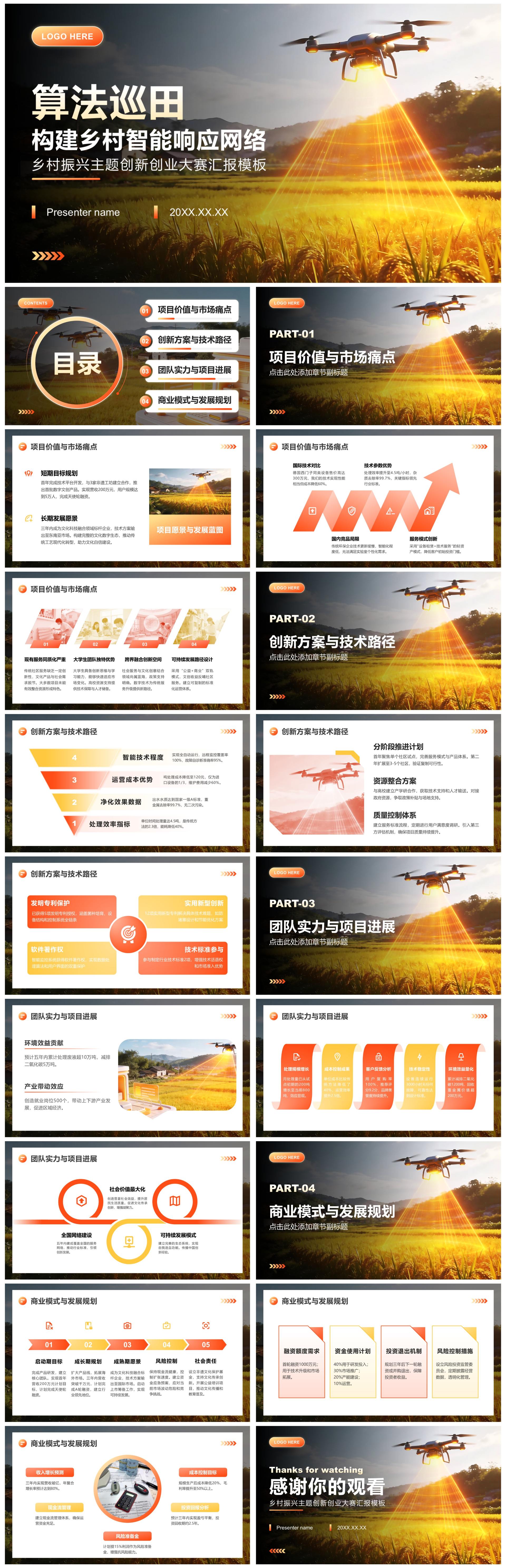 橙黄色简约风乡村振兴主题创新创业大赛汇报PPT模板