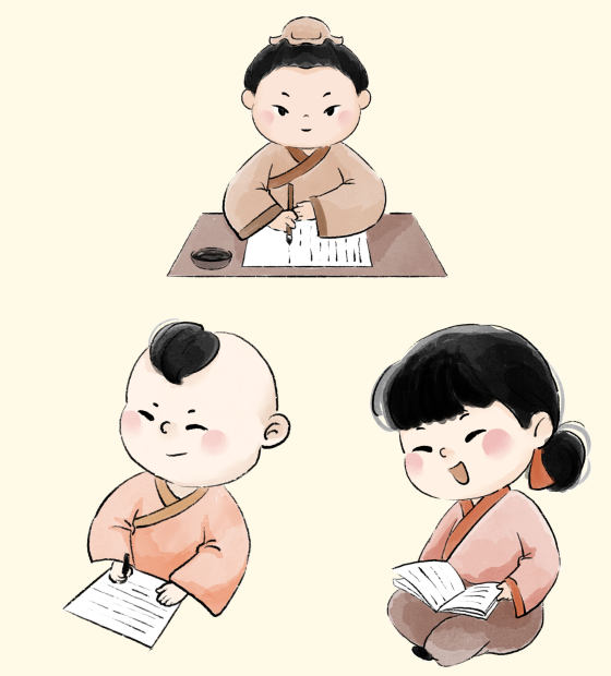 手绘水墨古风孩童学习场景素材