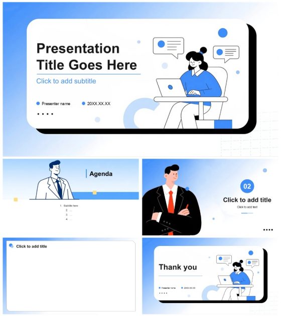 蓝色简约手绘扁平风新员工通用个人简历PPT主题模板