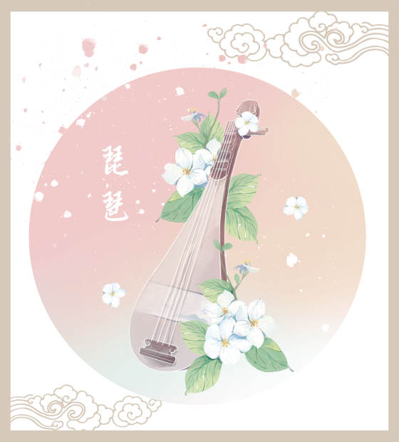 国风古风传统乐器琵琶水彩素材