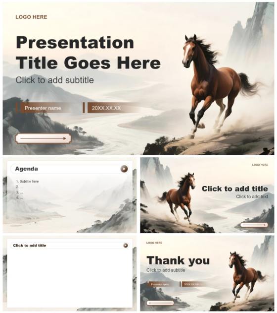 棕灰色水墨中国风马年春节庆典活动PPT主题模板