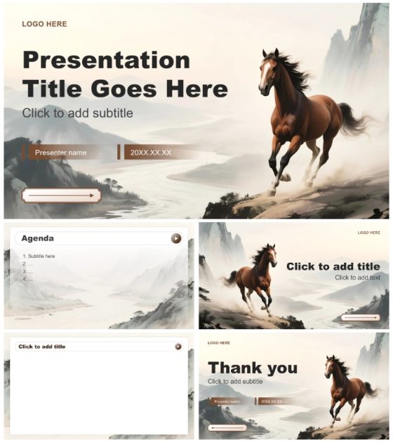 棕灰色水墨中国风马年春节庆典活动PPT主题模板