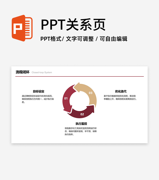 红金色扁平三项流程闭环图PPT单页