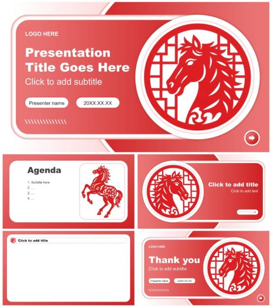 红色剪纸风马年春节剪纸文化主题班会PPT主题模板