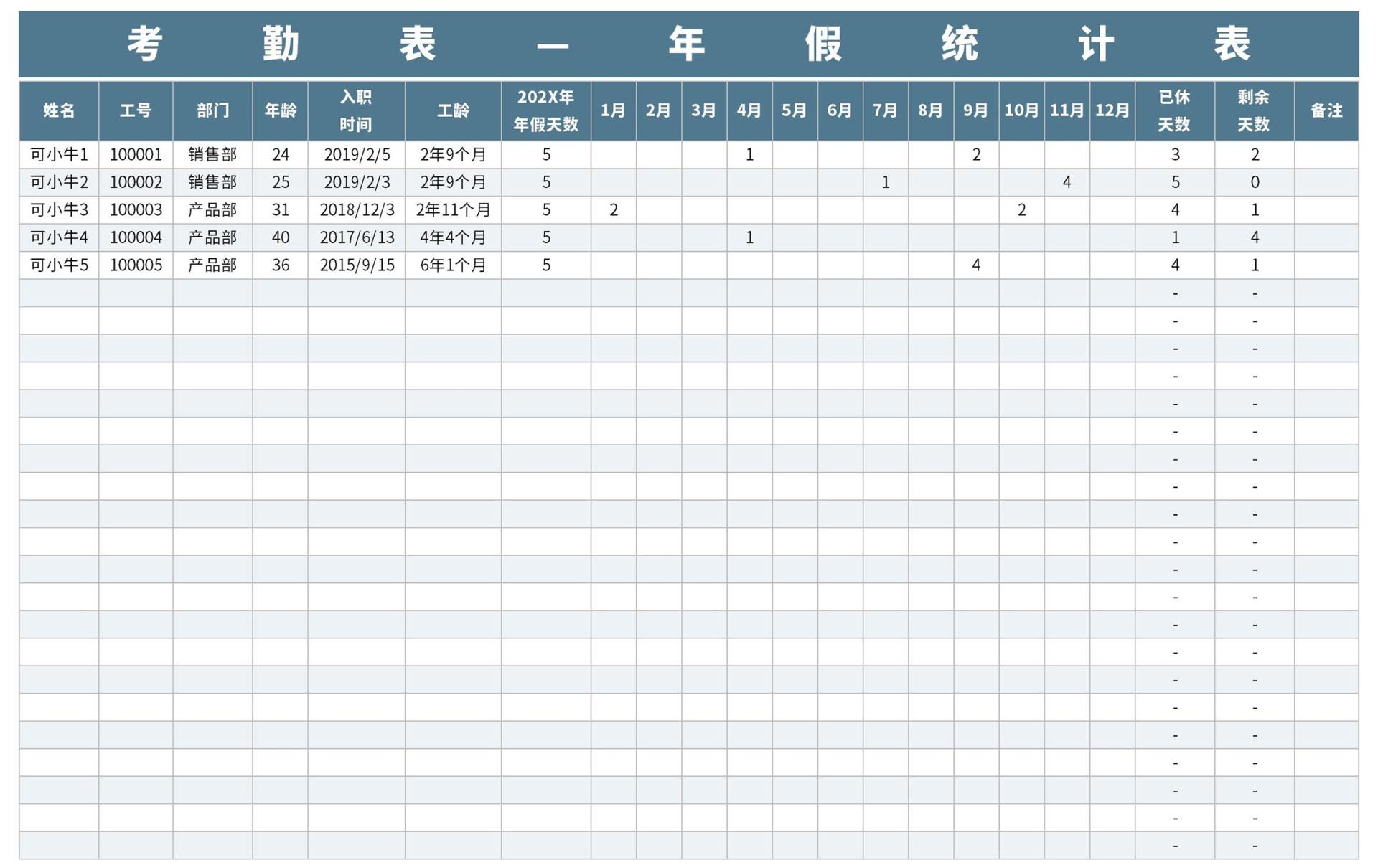 考勤表—年假统计表excel模板