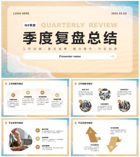 黄色沙滩简约风Q2季度工作复盘汇报通用PPT模板