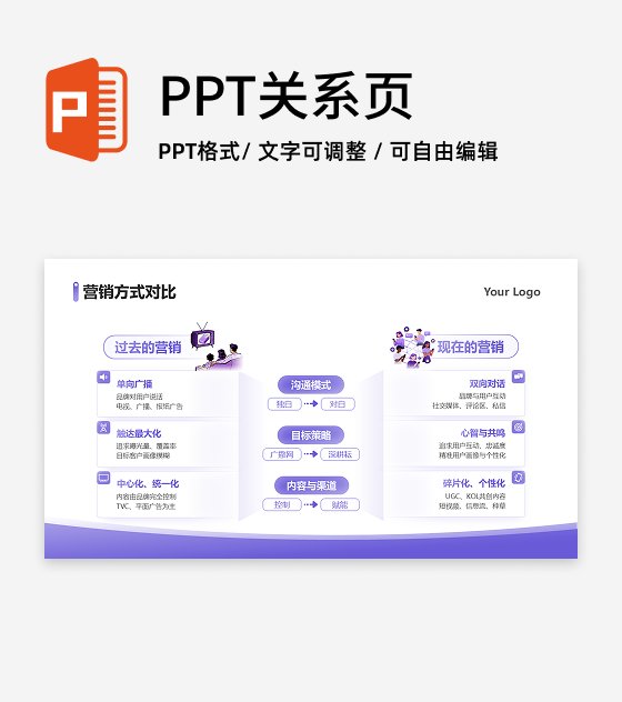 紫色简约渐变插画营销方式对比研究报告PPT单页