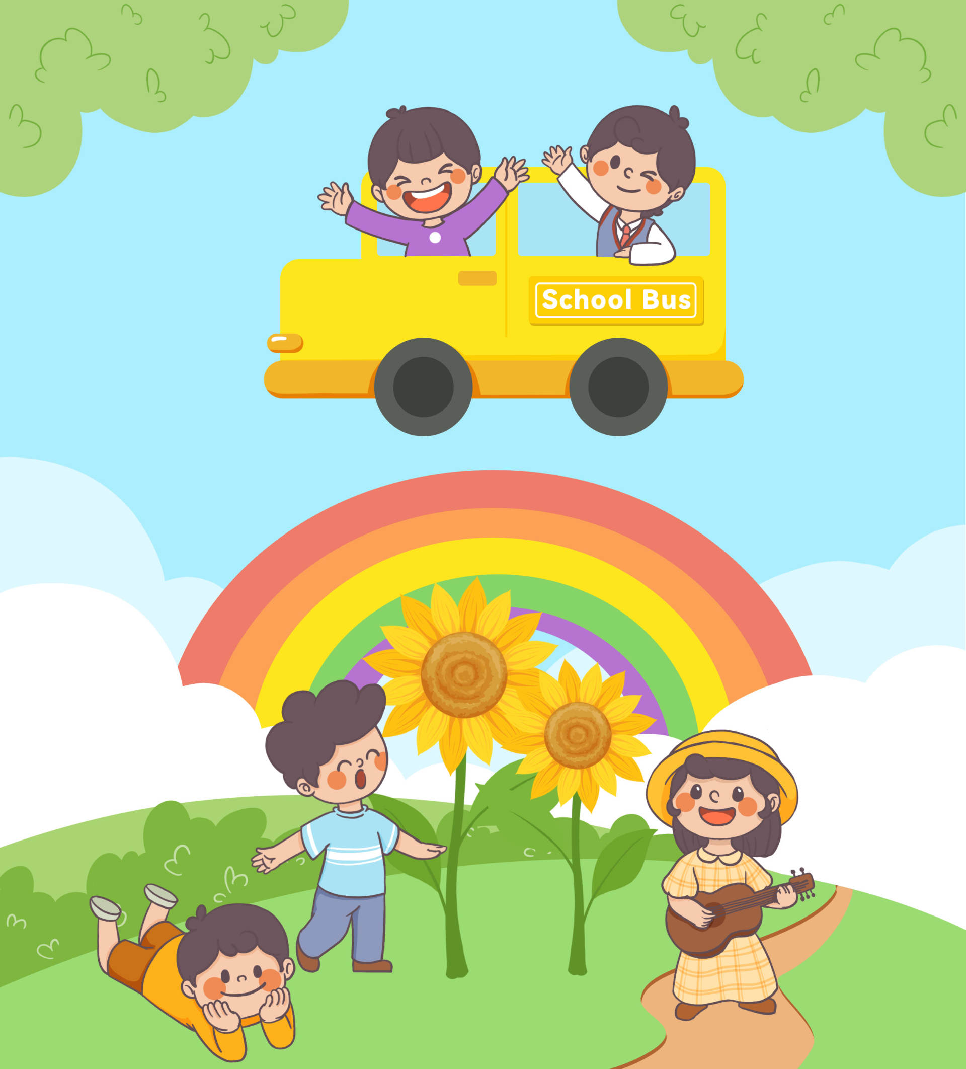 手绘卡通学生户外场景元素