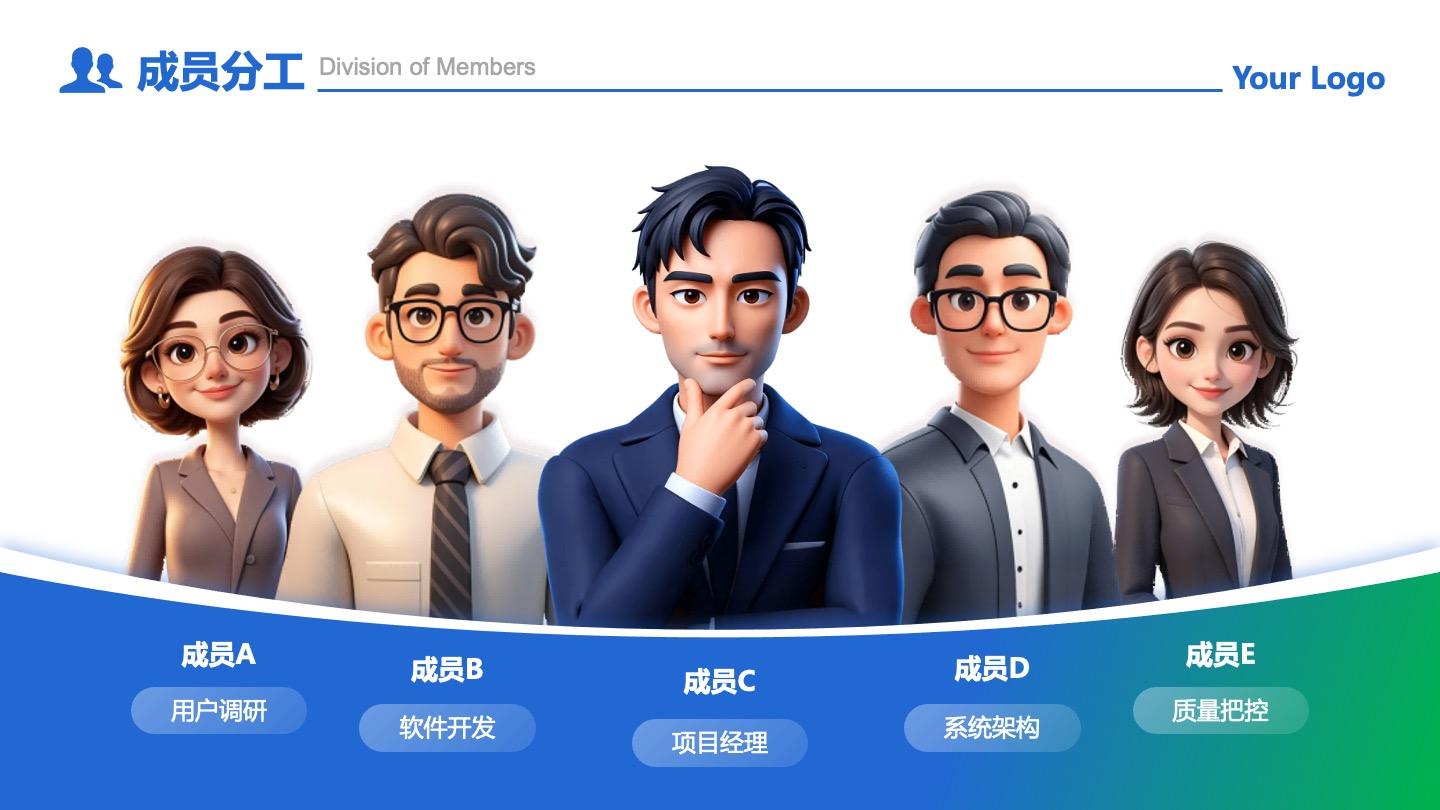 成员分工-蓝绿色商务风5项成员分工PPT单页