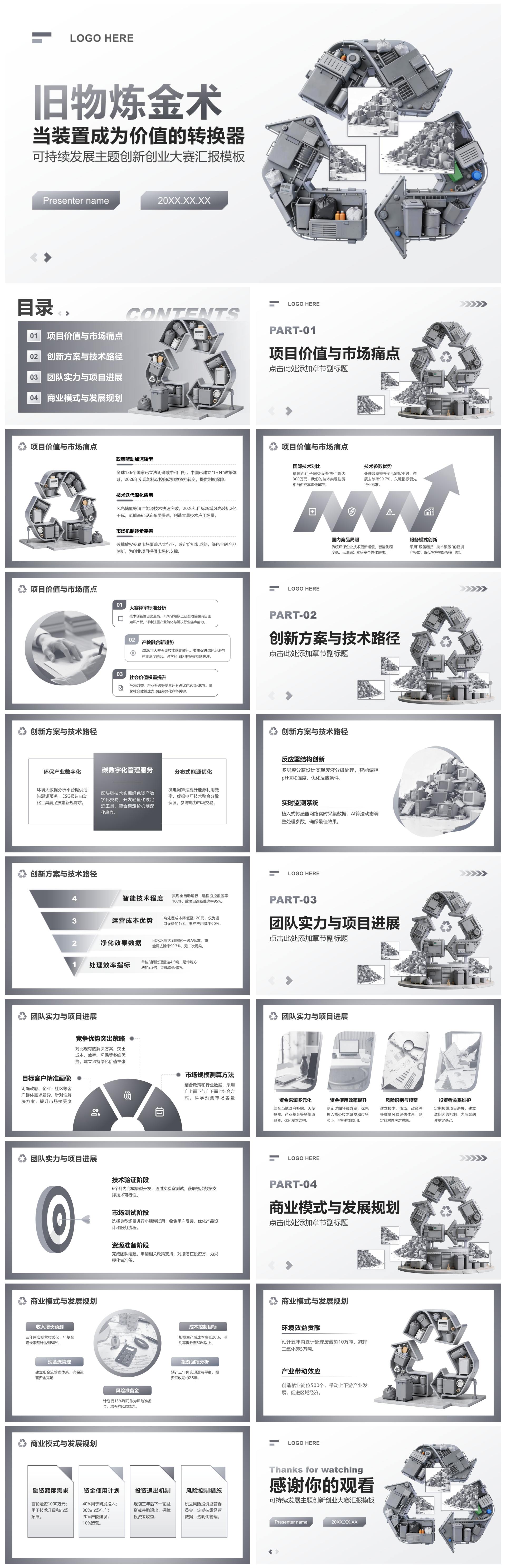 灰色3D风可持续发展主题创新创业大赛汇报PPT模板