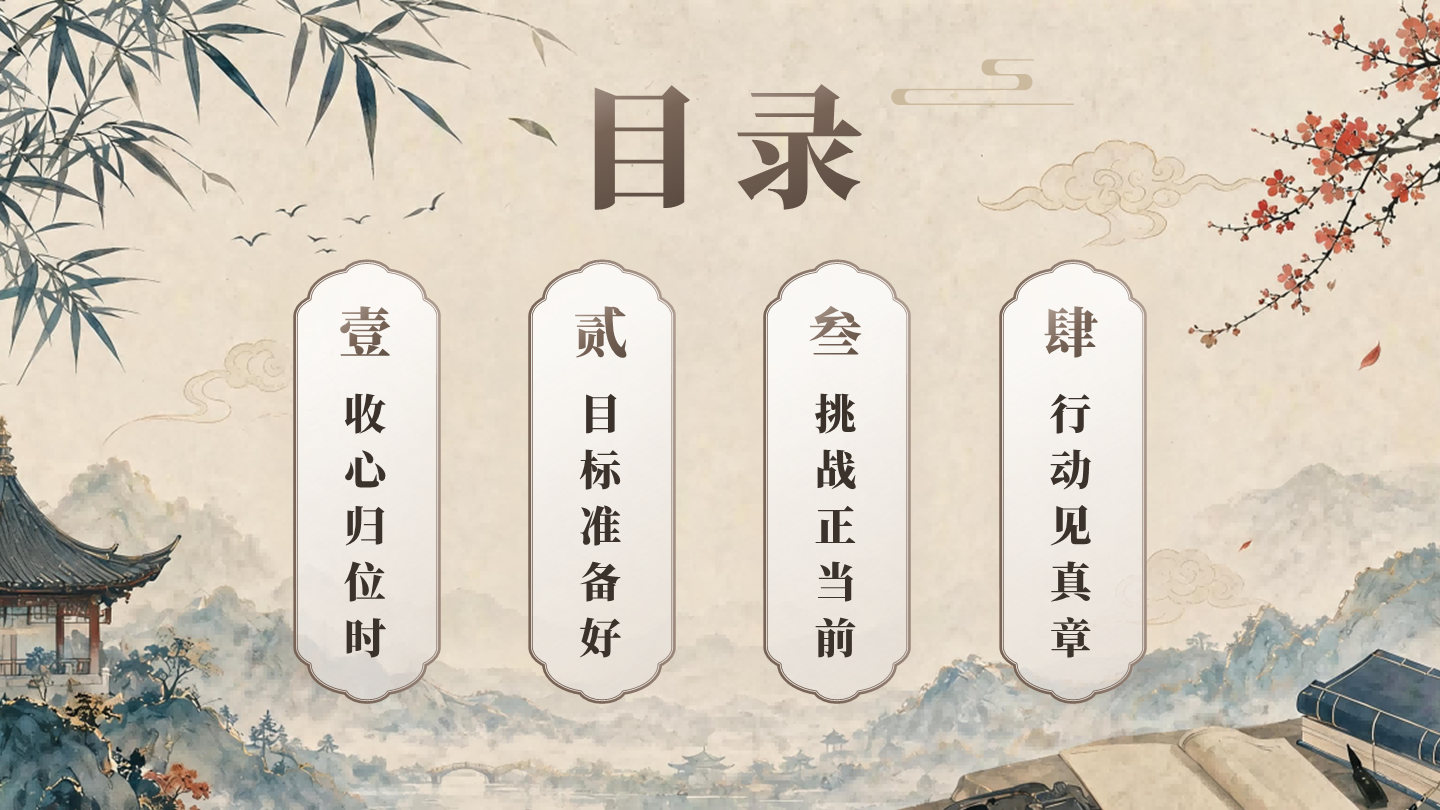 棕色国风开学第一课班会课件目录页PPT单页
