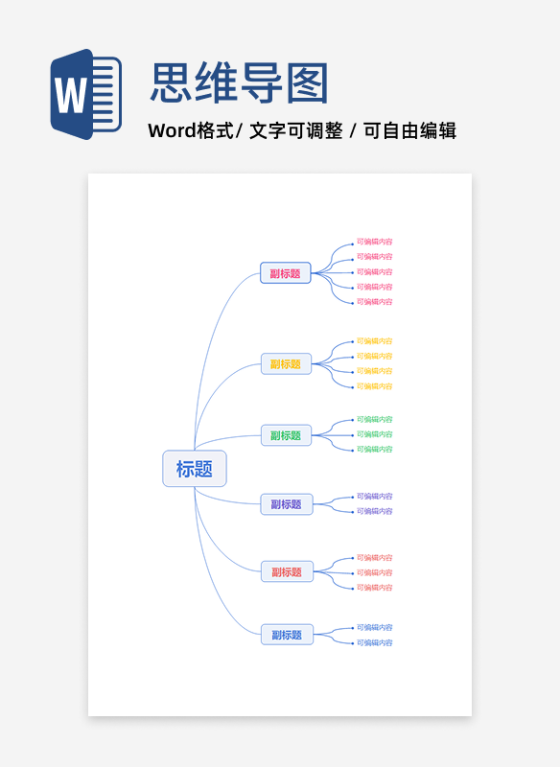 思维导图-彩色矩形通用简约竖版放射word模板