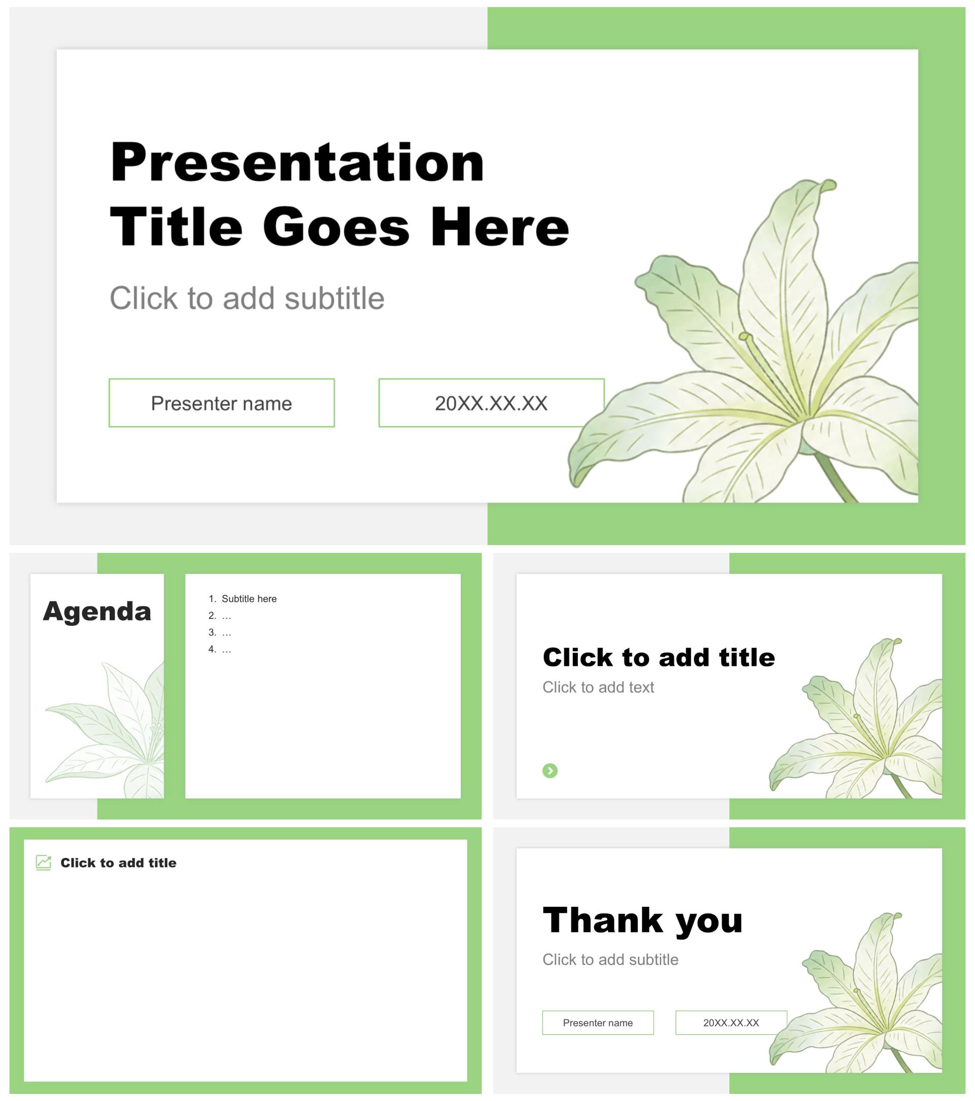 绿色花卉商务风季度复盘总结汇报PPT主题模板