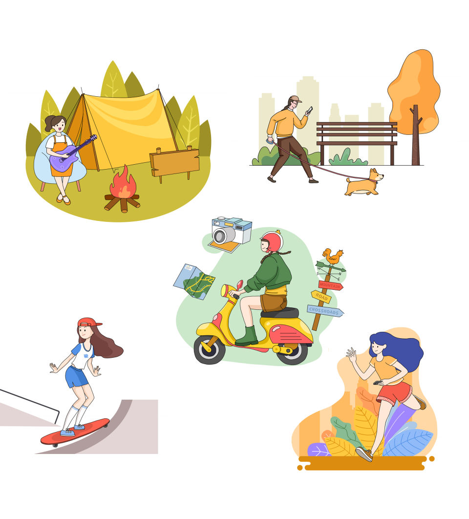 手绘扁平人物户外场景