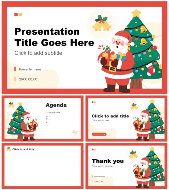 红黄色扁平插画风圣诞节班会PPT主题模板