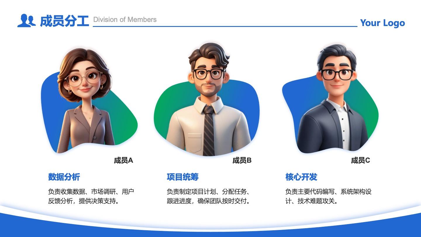 成员分工-蓝绿色商务风3项异形成员分工PPT单页