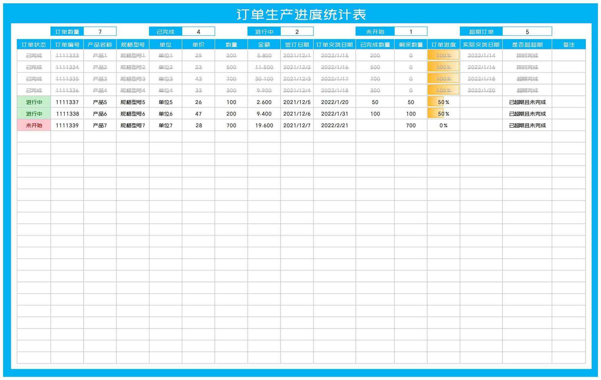 蓝色订单生产进度明细统计表Excel模板