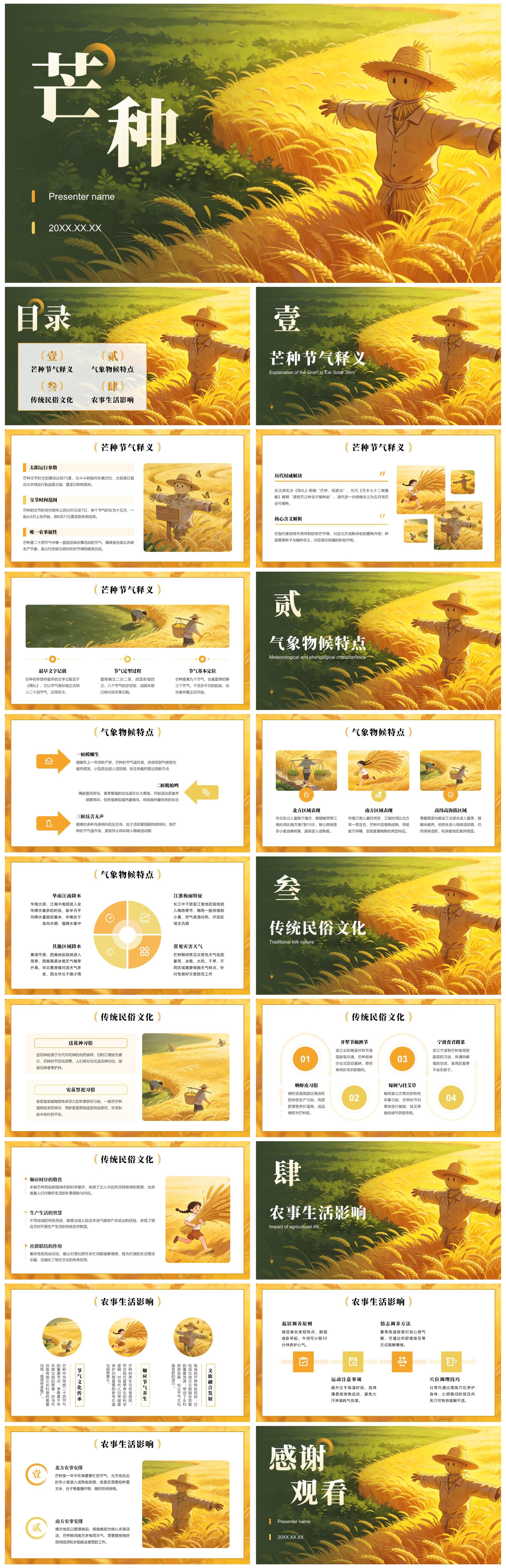 黄色插画风芒种二十四节气习俗主题教育PPT模板