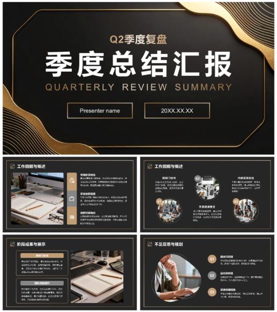 黑金线条商务风Q2季度复盘总结述职汇报PPT模板