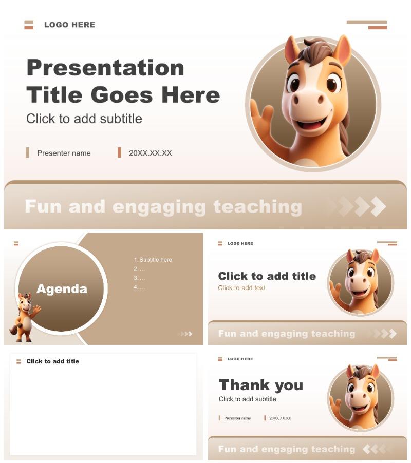 莫兰迪色卡通风马年英语趣味教学设计PPT主题模板