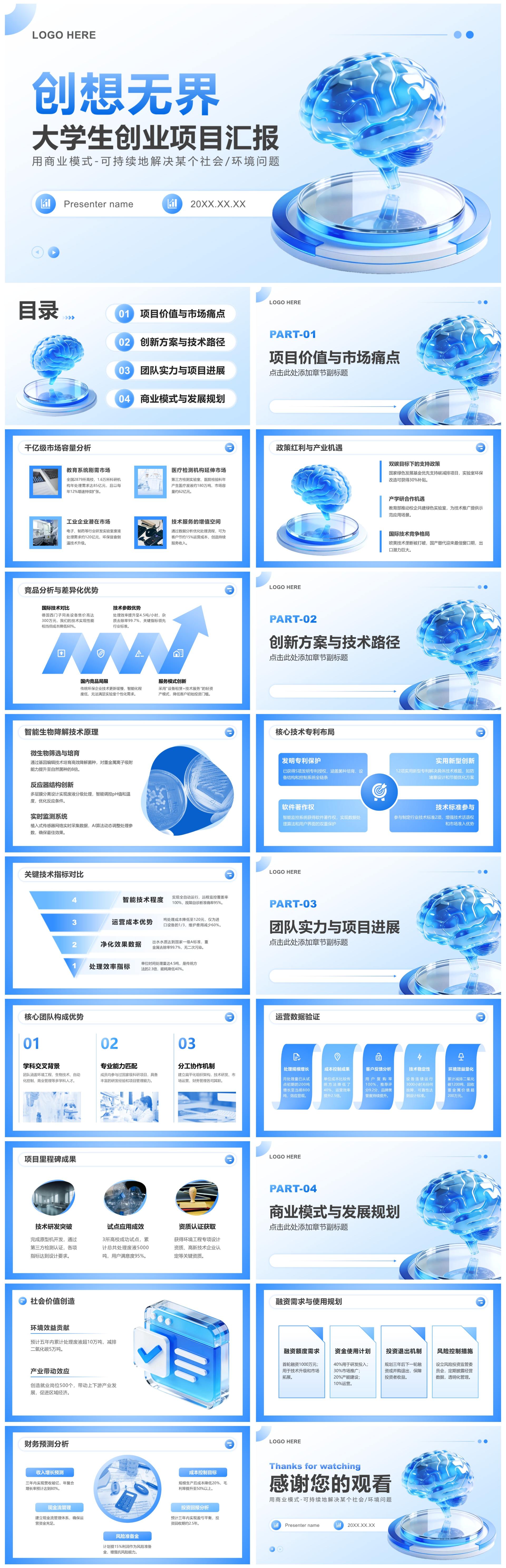 蓝色3D风大学生创新创业大赛项目汇报PPT模板