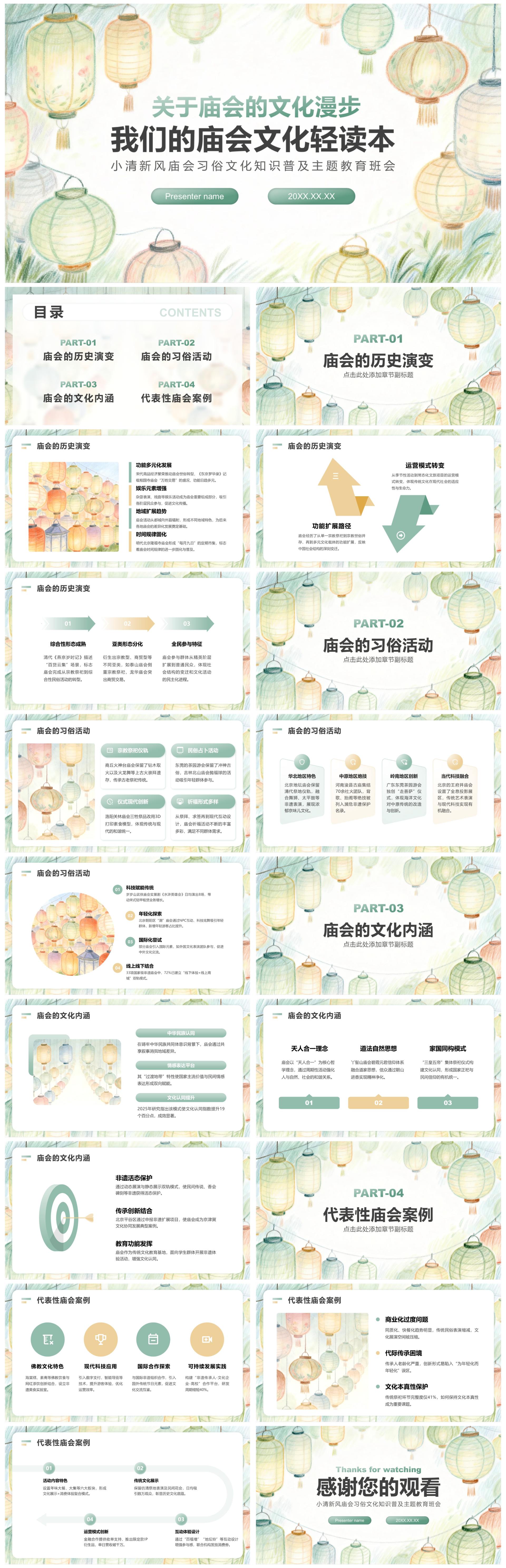 绿色小清新风庙会习俗文化主题教育班会PPT模板