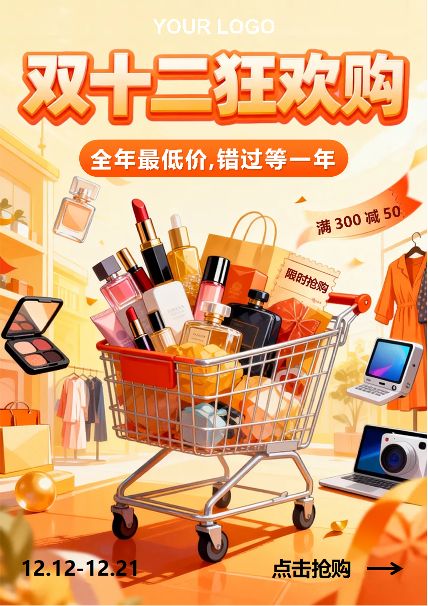 橙黄色插画风电商双十二营销海报