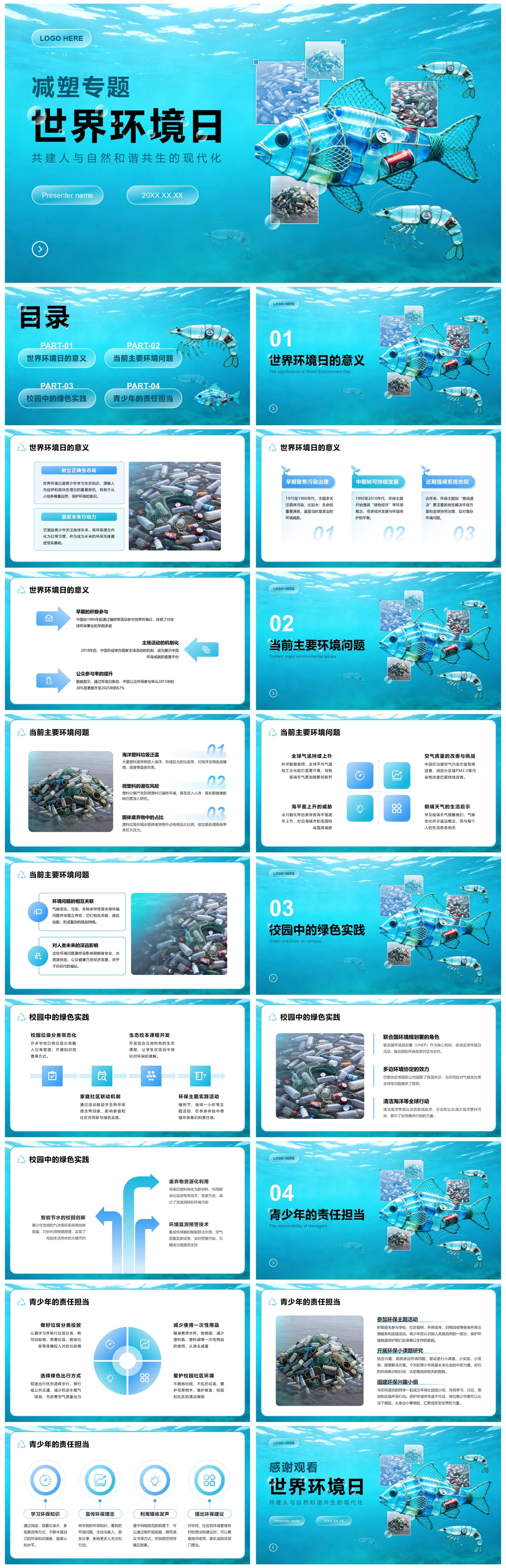 蓝色创意实景世界环境日海洋减塑主题PPT模板