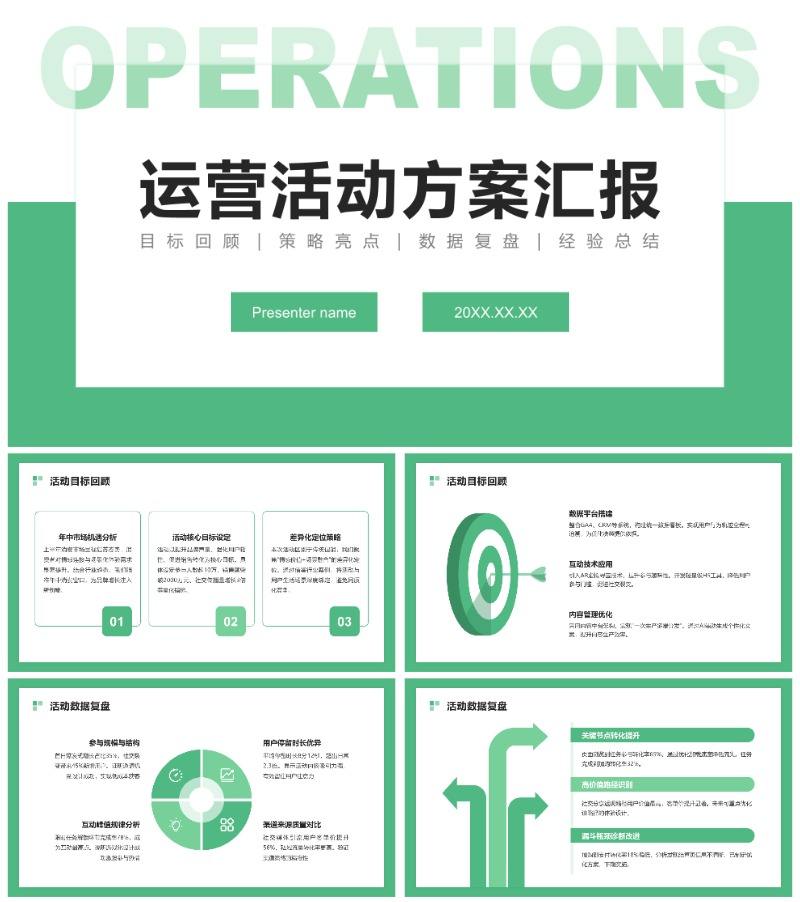 绿色简约风几何卡片活动运营方案PPT模板