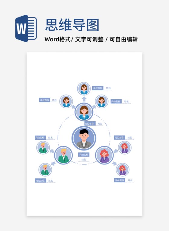 组织架构-紫色圆形发散纵向组织结构图word模板