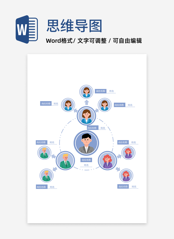 组织架构-紫色圆形发散纵向组织结构图word模板