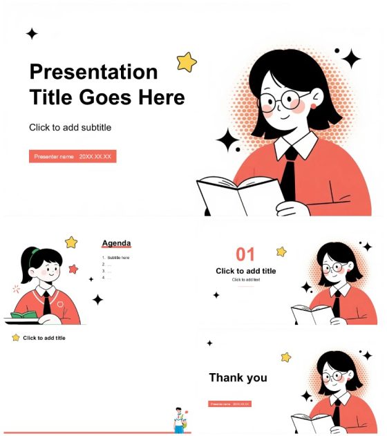 红色简约扁平手绘风校园迎新大学班会PPT主题模板