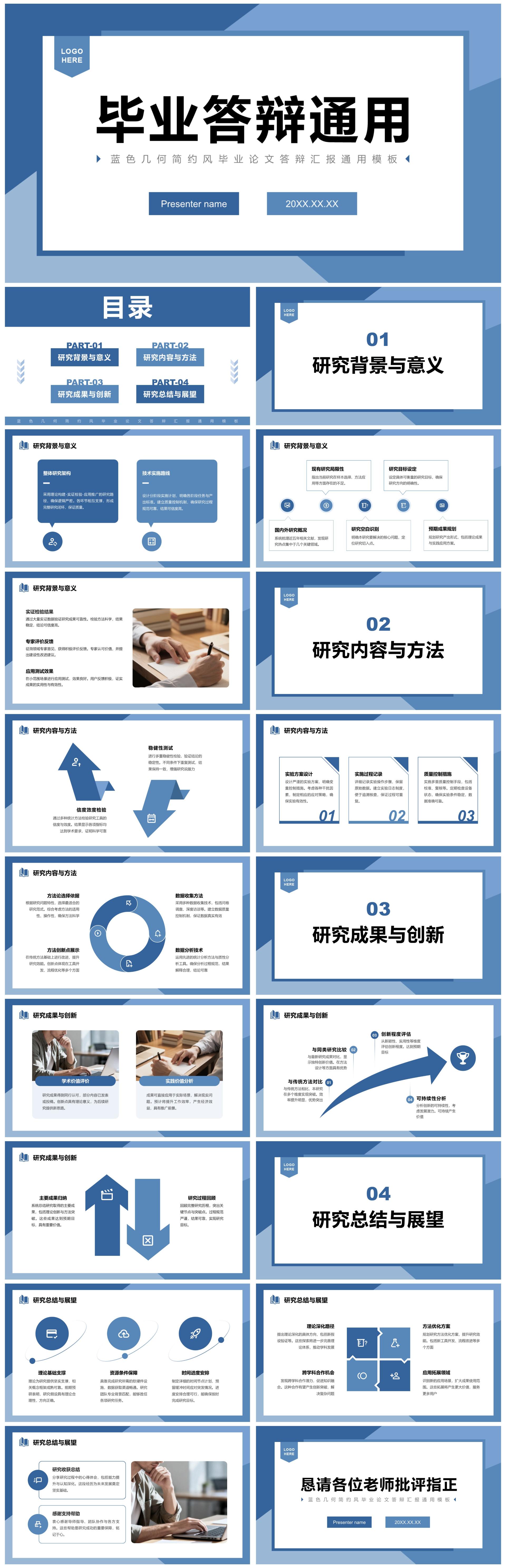 蓝色几何简约风毕业论文答辩汇报通用PPT模板