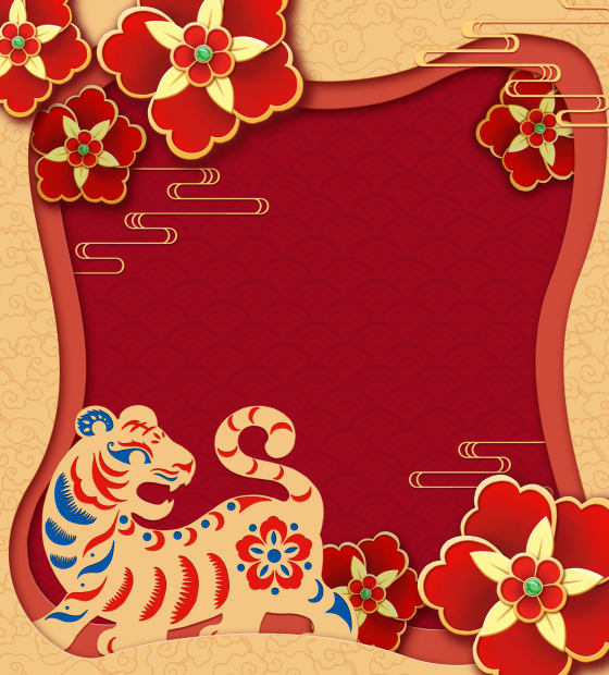 手绘红金剪纸扁平老虎元素背景