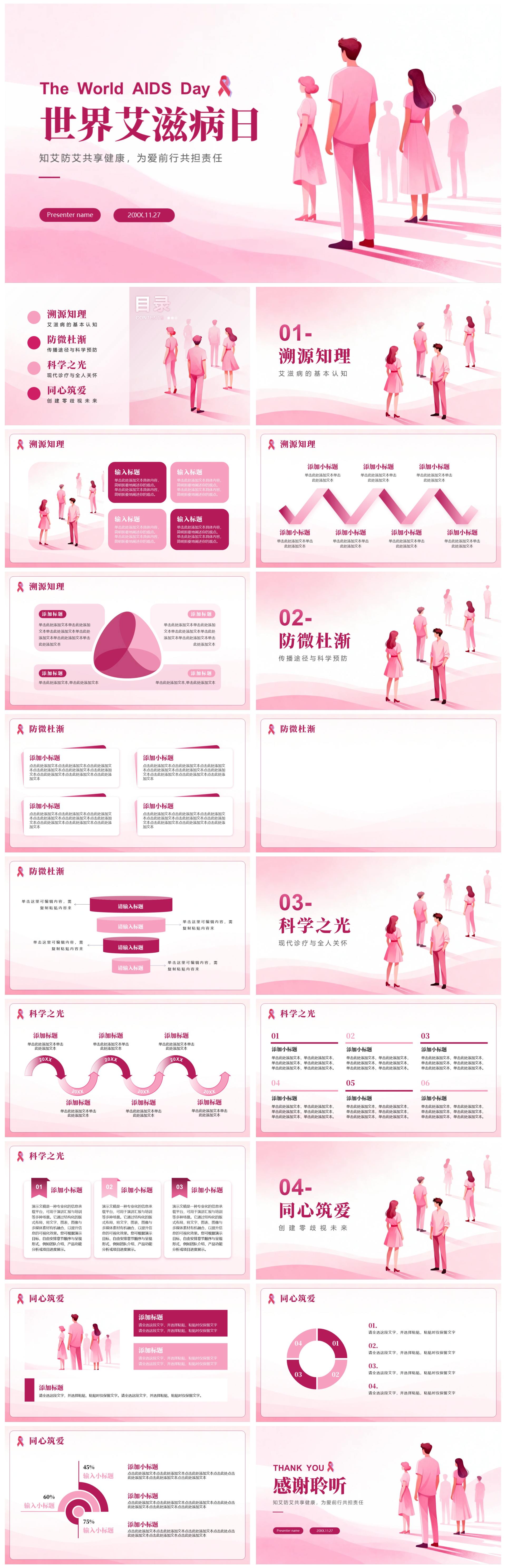 粉色简约渐变扁平风国际艾滋病日科普PPT模板