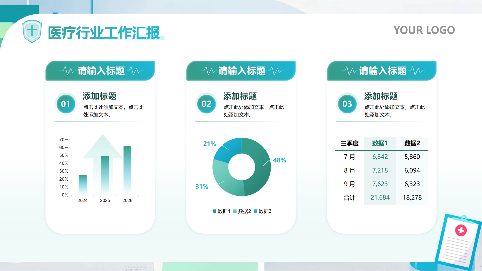 绿蓝色简约扁平风医疗药品数据看板研究汇报PPT单页