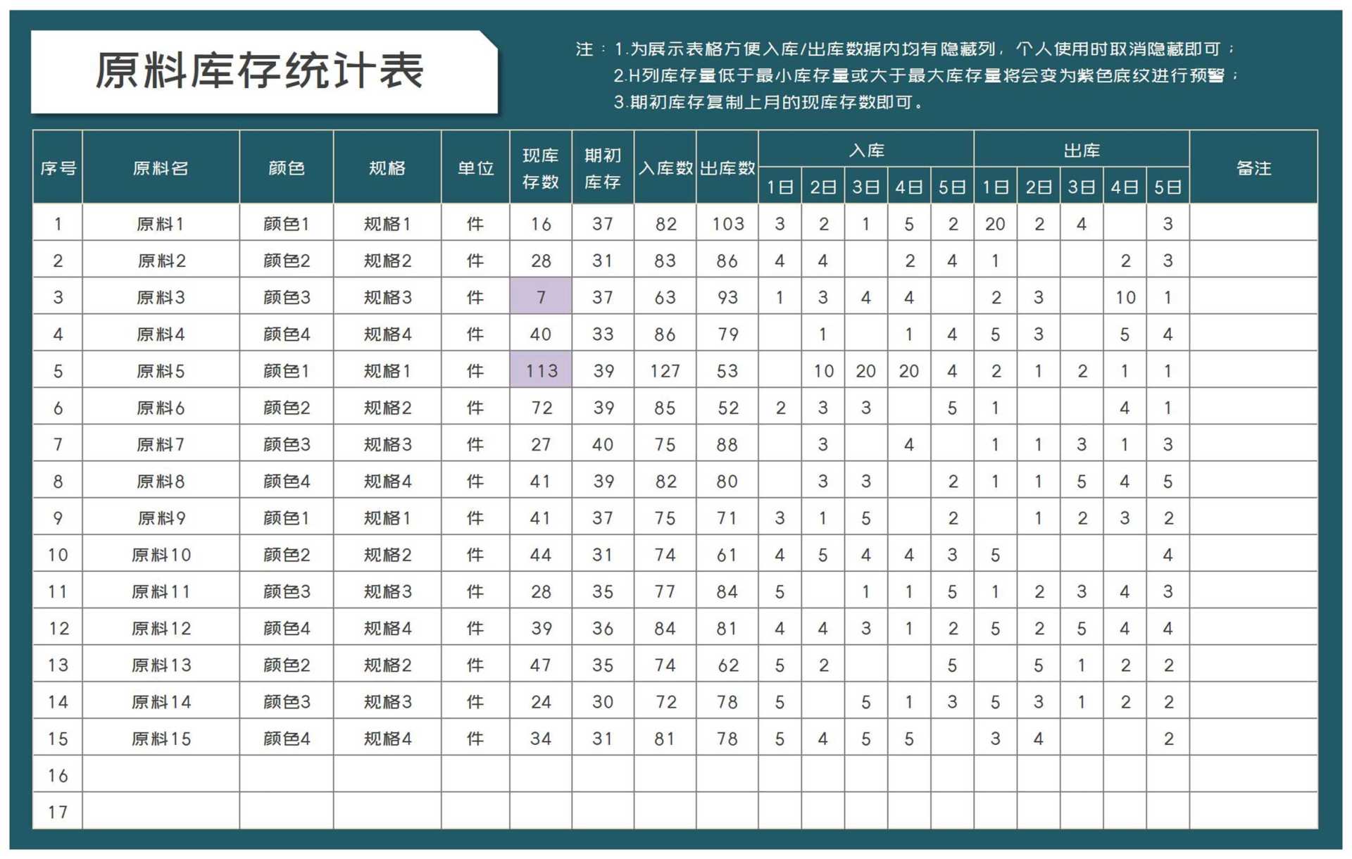 商务风原料库存统计记录汇总表Excel模板