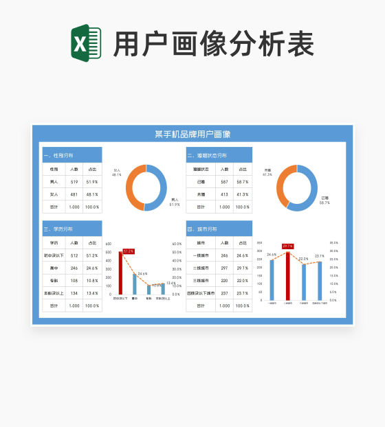 蓝色手机品牌销售用户画像分析表Excel模板